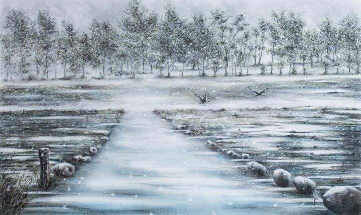 Malerei mit dem Titel "Der Winter ist noch…" von Ronald Firla, Original-Kunstwerk, Conté-Buntstifte