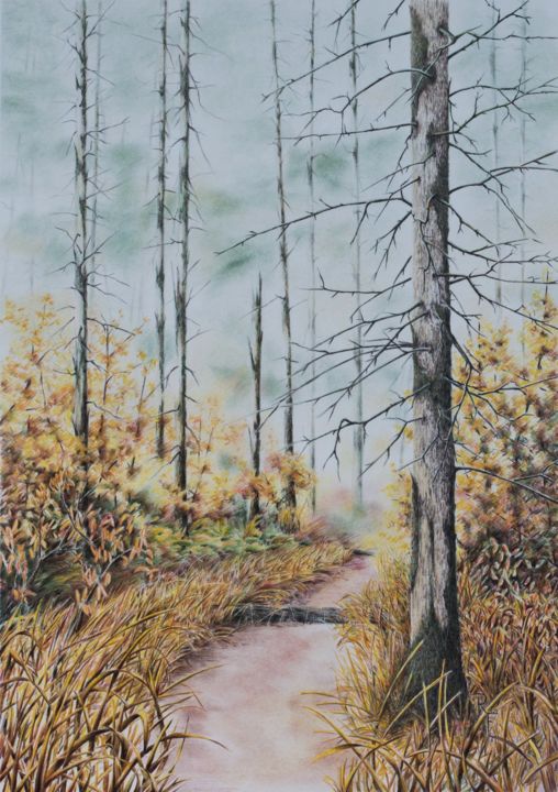 Peinture intitulée "Herbst im Wald der…" par Ronald Firla, Œuvre d'art originale, Conté