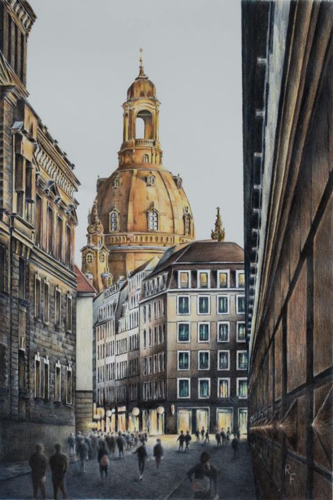 Schilderij getiteld "Frauenkirche zu Dre…" door Ronald Firla, Origineel Kunstwerk, Conté