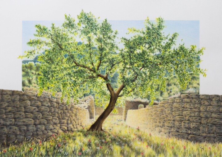 Malerei mit dem Titel "Im  Apfelgarten" von Ronald Firla, Original-Kunstwerk, Conté-Buntstifte