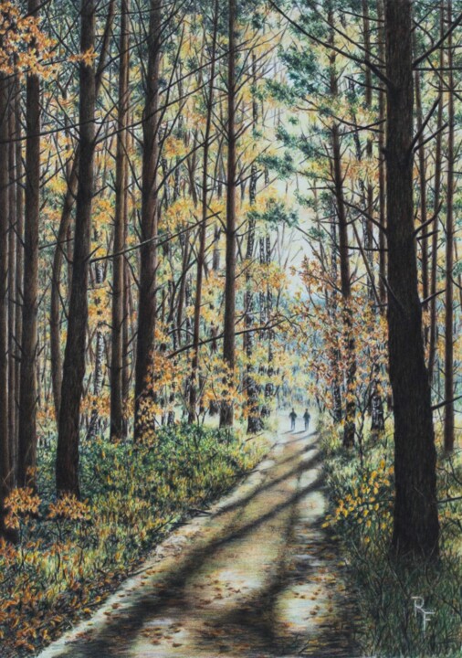 Malerei mit dem Titel "Herbstspaziergang" von Ronald Firla, Original-Kunstwerk, Conté-Buntstifte
