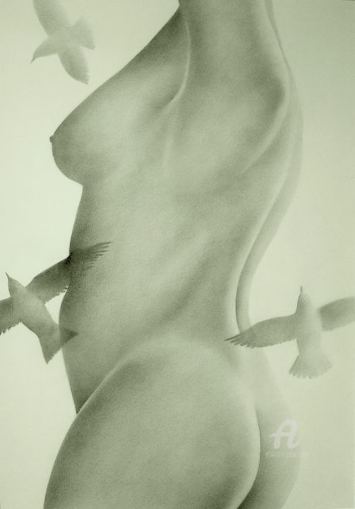Drawing titled "Birds flight" by Roger Thijs, Original Art, Pencil