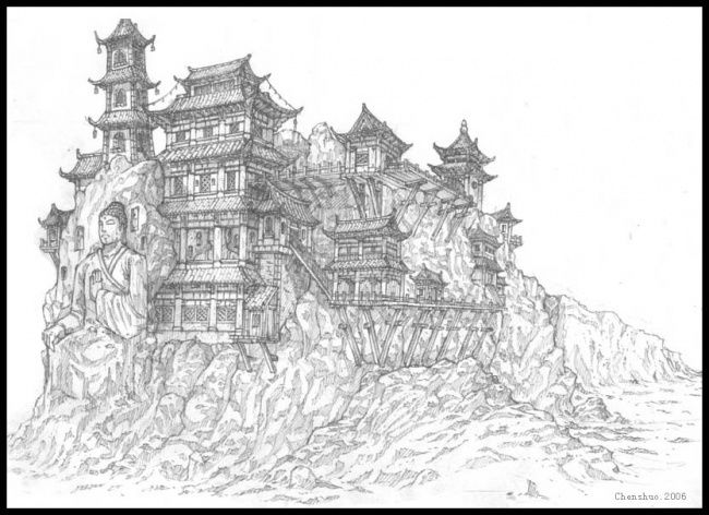 绘画 标题为“古代建筑9” 由Roger Chen, 原创艺术品