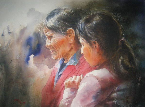 Pittura intitolato "niña y anciana" da Rogger Oncoy, Opera d'arte originale