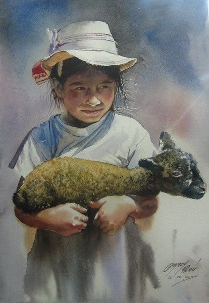 Pintura titulada "niña y carnerito" por Rogger Oncoy, Obra de arte original