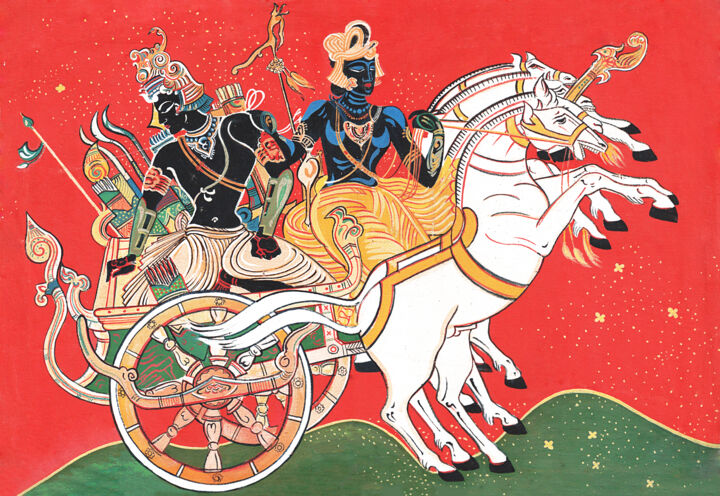 Chariot With Krishna And Arjuna, Schilderij door Rohan Rodrigo | Artmajeur