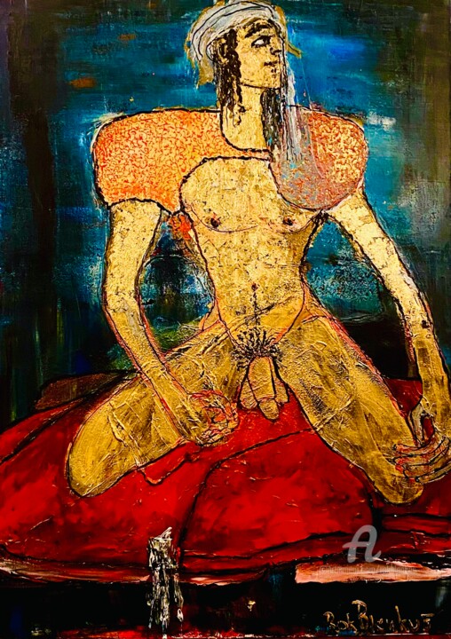 Painting titled "Minoan Boy, 24kt go…" by Rok Blenkuš, Original Artwork, Acrylic Mounted on Wood Stretcher frame