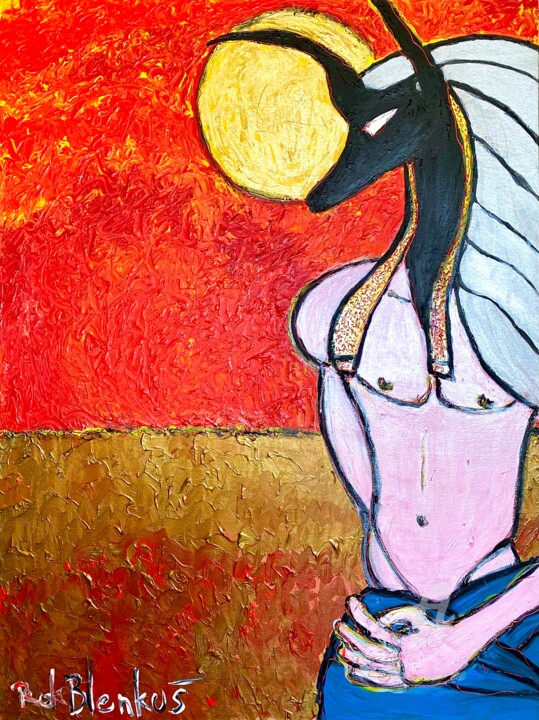 Painting titled "Anubis annoyed" by Rok Blenkuš, Original Artwork, Acrylic Mounted on Wood Stretcher frame