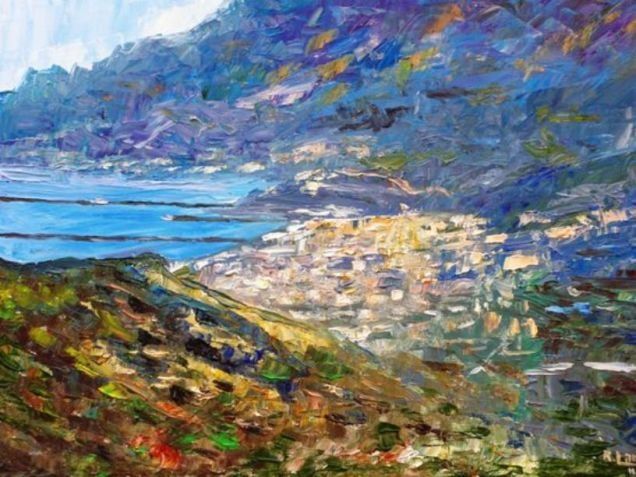 Pittura intitolato "Sea town with mount…" da Rolando Lambiase, Opera d'arte originale, Olio