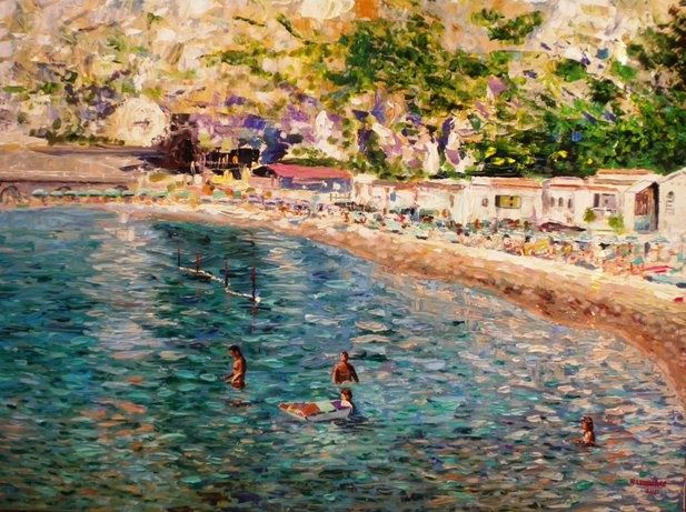 Painting titled "The beach at Erchie" by Rolando Lambiase, Original Artwork, Oil