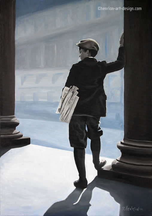 Painting titled "The newspaper boy" by Roland Henrion, Original Artwork, Acrylic