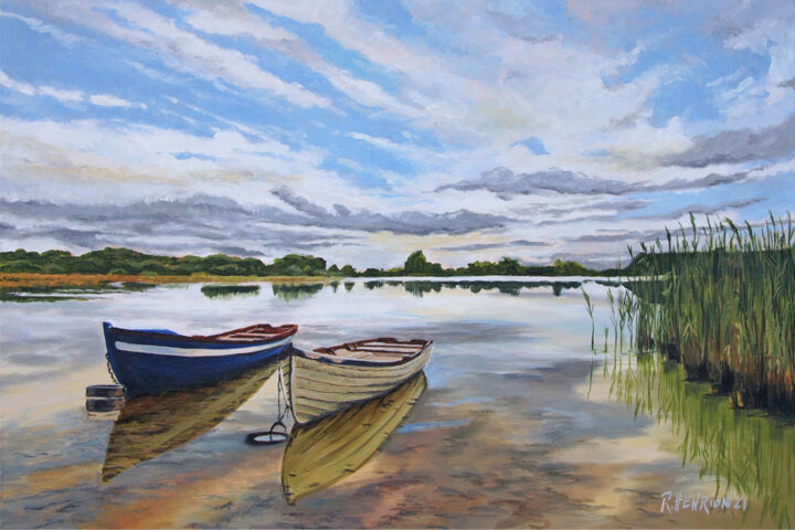 Peinture intitulée "Moored boats on Lou…" par Roland Henrion, Œuvre d'art originale, Acrylique