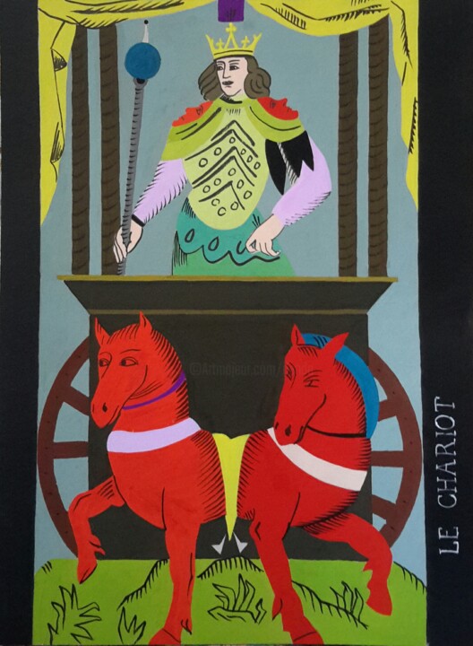 Malerei mit dem Titel "Le chariot" von Roland Gschwind, Original-Kunstwerk, Gouache
