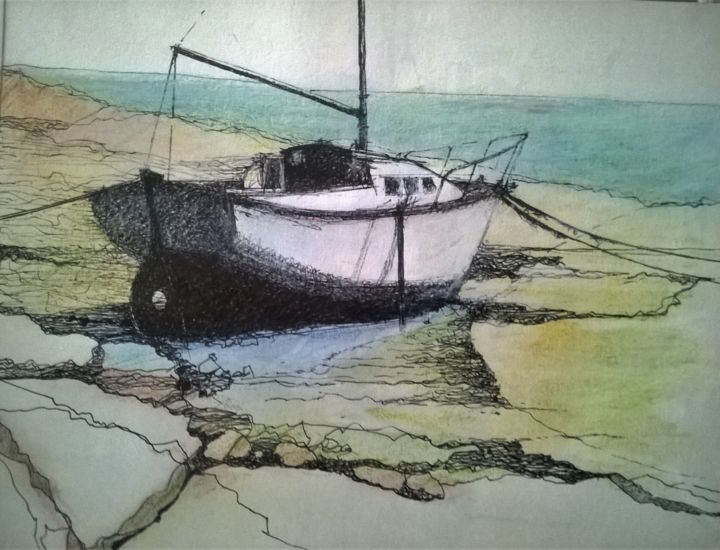Tekening getiteld "bateau à marée basse" door Roland Guyomard, Origineel Kunstwerk, Balpen