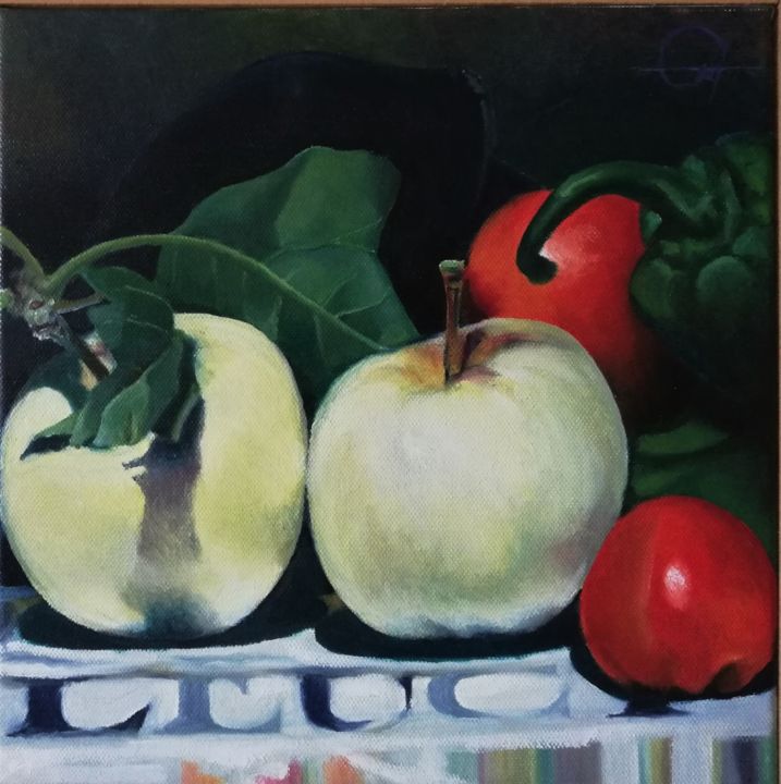 Painting titled "Pommes d'Août 2" by Roland Guyomard, Original Artwork, Oil