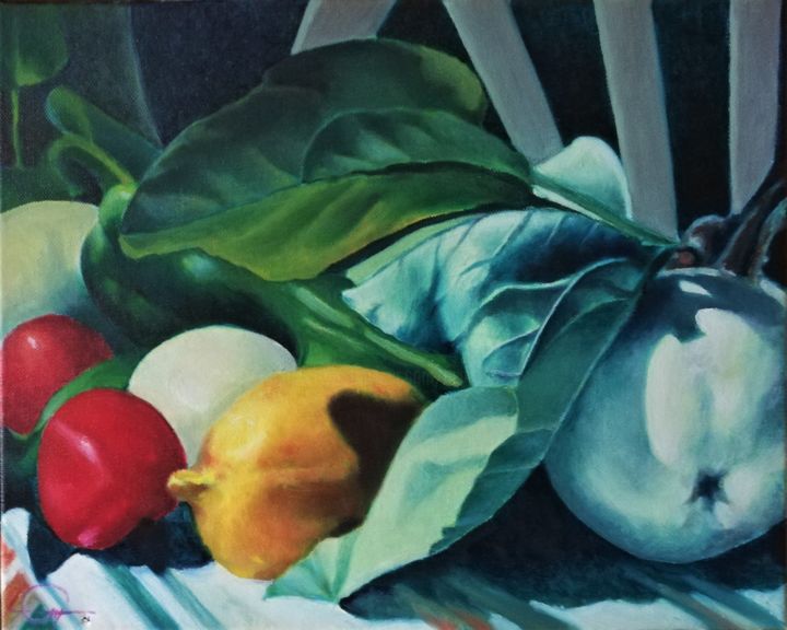 Painting titled "Pommes d’Août 4" by Roland Guyomard, Original Artwork, Oil