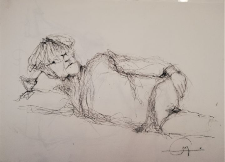 Drawing titled "allongé relax" by Roland Guyomard, Original Artwork, Conté