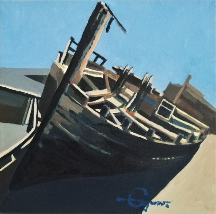 Peinture intitulée "barque échouée" par Roland Guyomard, Œuvre d'art originale, Acrylique