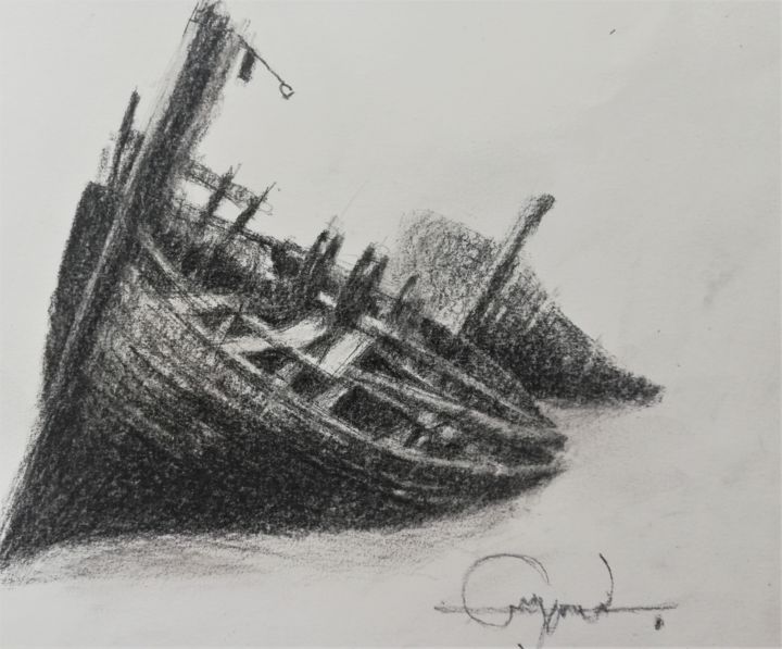 Drawing titled "Echouée" by Roland Guyomard, Original Artwork, Conté