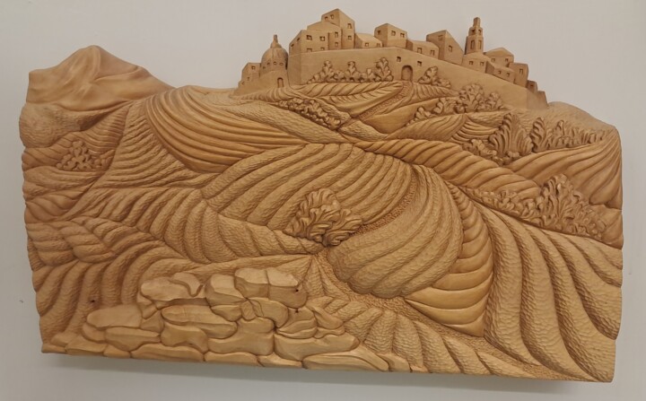 Sculpture titled "Le dolci colline" by Rolando Sampaolesi, Original Artwork, Wood Mounted on Wood Panel