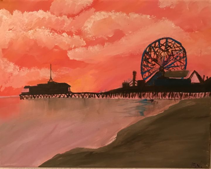 Painting titled "Santa Monica Pier" by Rolando Viera, Original Artwork, Acrylic