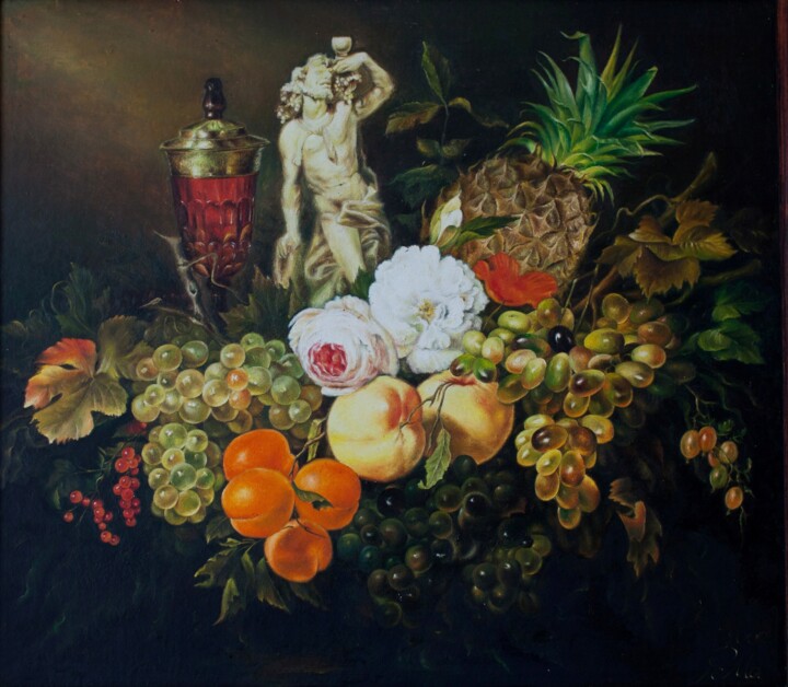 Painting titled "натюрморт с виногра…" by Roma Las Kov, Original Artwork, Oil Mounted on Wood Panel