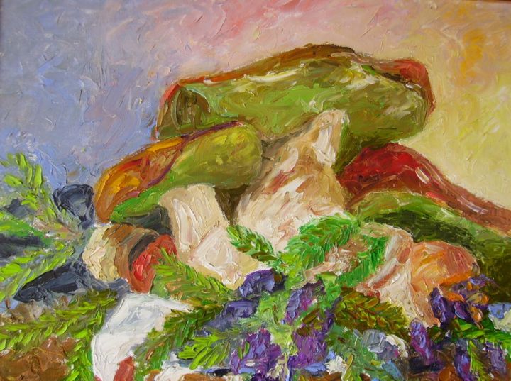 Painting titled "RACCOLTO DI FUNGHI…" by Carlo Gislimberti, Original Art, Oil