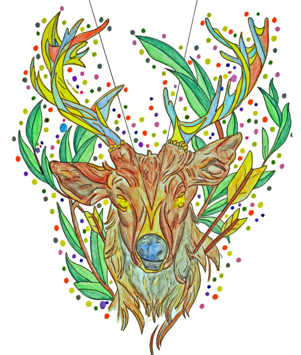 Painting titled "Cerf" by Rom Art, Original Artwork, Ink