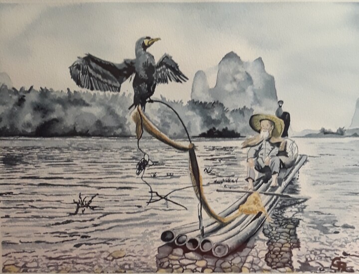 Peinture intitulée "L'homme et l'oiseau" par Romain Gattone, Œuvre d'art originale, Aquarelle