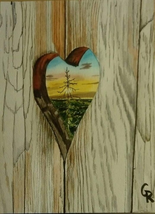 Peinture intitulée "Coeur de bois" par Romain Gattone, Œuvre d'art originale, Aquarelle
