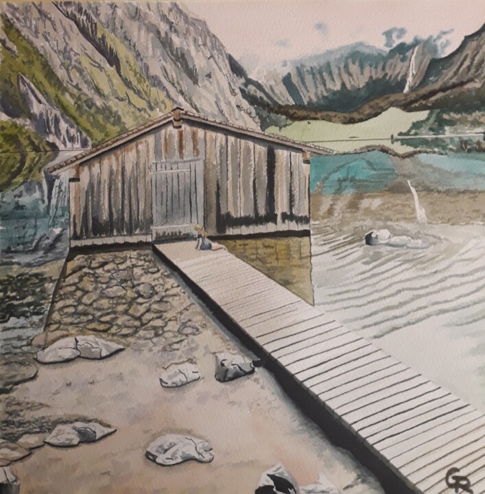 Painting titled "Cabane isolée 2" by Romain Gattone, Original Artwork, Watercolor