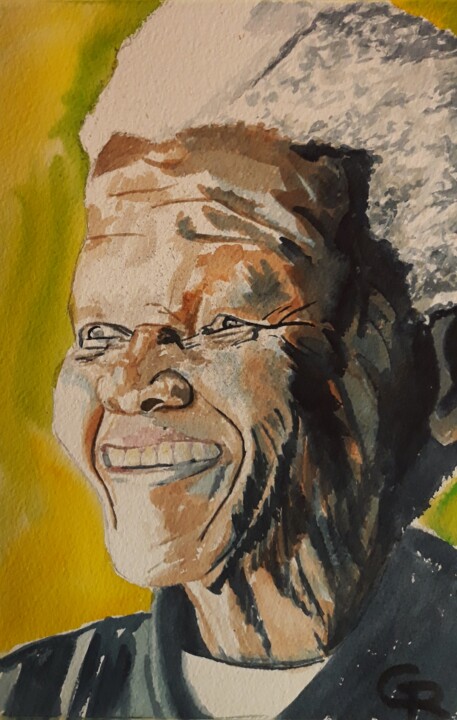 Painting titled "Mandela" by Romain Gattone, Original Artwork, Watercolor