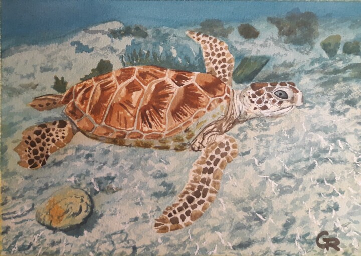 Painting titled "Turtle" by Romain Gattone, Original Artwork, Watercolor