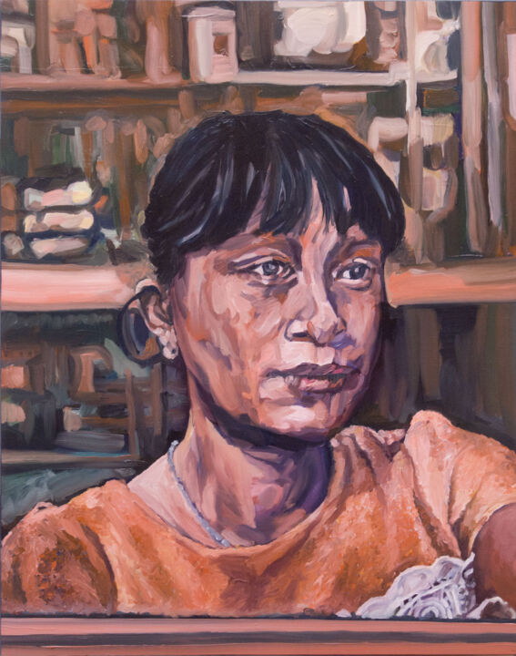 Painting titled "The shopkeeper" by Romain Héjé, Original Artwork, Oil