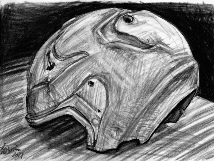 Рисунок под названием "Casque de motard -…" - Romain Héjé, Подлинное произведение искусства, Древесный уголь