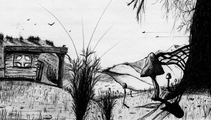 Dessin intitulée "Cabanemushroom" par Romain Rousseau, Œuvre d'art originale, Stylo à bille