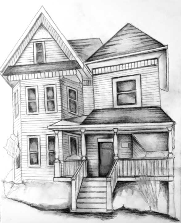 Dessin intitulée "Maison Américaine" par Romain Thébault, Œuvre d'art originale, Crayon