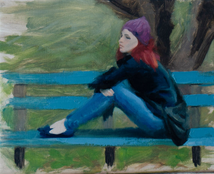 Painting titled "Le Banc" by Romain Eugène, Original Artwork, Oil Mounted on Wood Stretcher frame