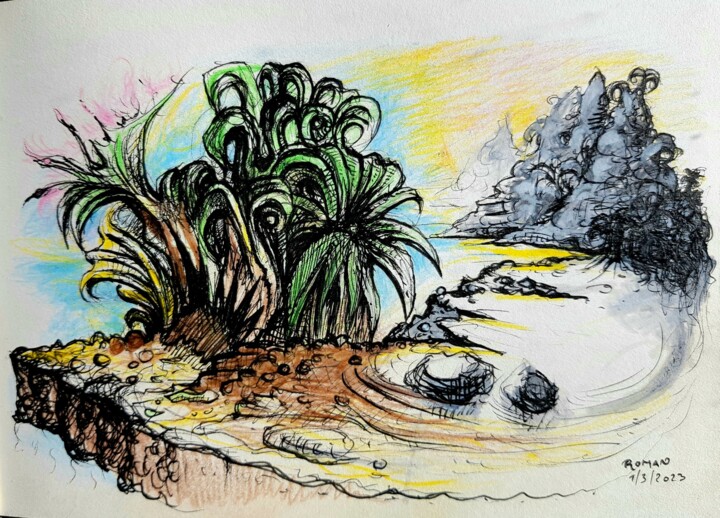 Drawing titled "Mediterranean Veget…" by Roman, Original Artwork, Ink