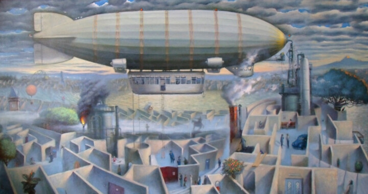 제목이 "Airship"인 미술작품 Roman Ivanishchev로, 원작, 기름 목재 패널에 장착됨