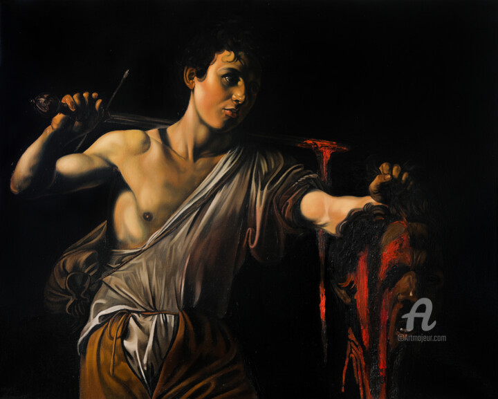 Painting titled "David with Head by…" by Roman Rembovsky, Original Artwork, Oil Mounted on Wood Stretcher frame