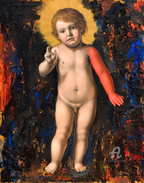 Painting titled "Savior with red hand" by Roman Rembovsky, Original Artwork, Oil Mounted on Wood Stretcher frame