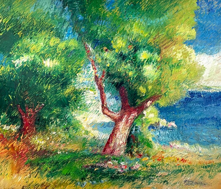 Painting titled "SUMMER DAY IN GREEN" by Roman Sleptsuk, Original Artwork, Oil