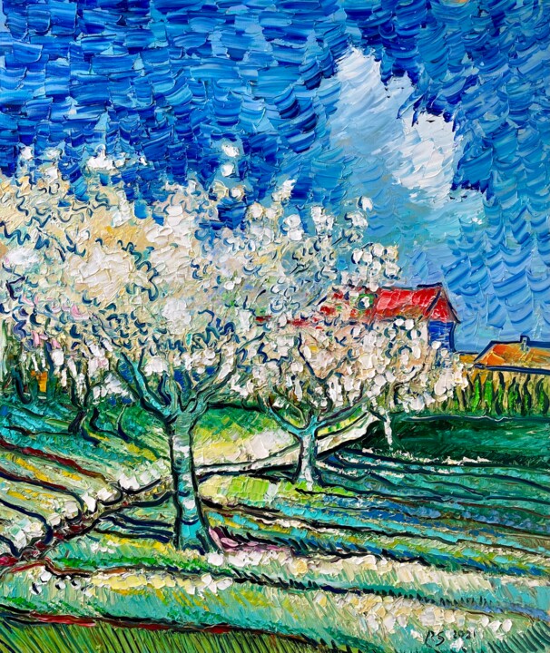 Ζωγραφική με τίτλο "Cherry blossoms" από Roman Sleptsuk, Αυθεντικά έργα τέχνης, Λάδι