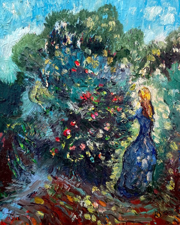 Painting titled "In the garden" by Roman Sleptsuk, Original Artwork, Oil