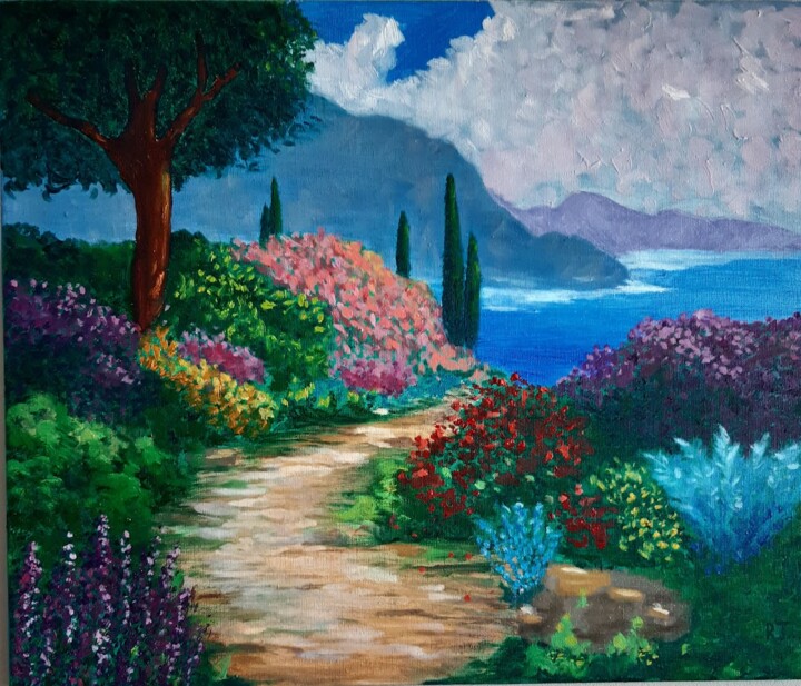 Painting titled "Way to the sea" by Romana Teluk, Original Artwork, Oil