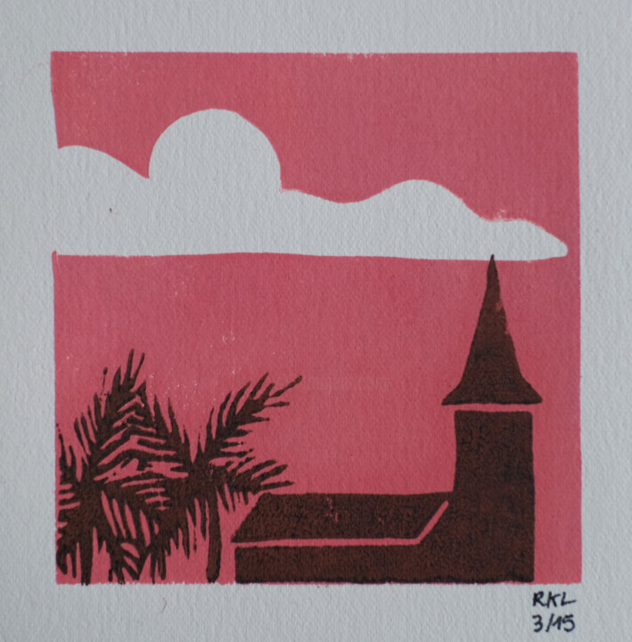 "Eglise de Ducos" başlıklı Baskıresim Romane Kleindienst tarafından, Orijinal sanat, Linocut