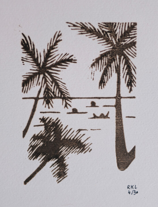 Druckgrafik mit dem Titel "Anse Figuier" von Romane Kleindienst, Original-Kunstwerk, Linoldrucke