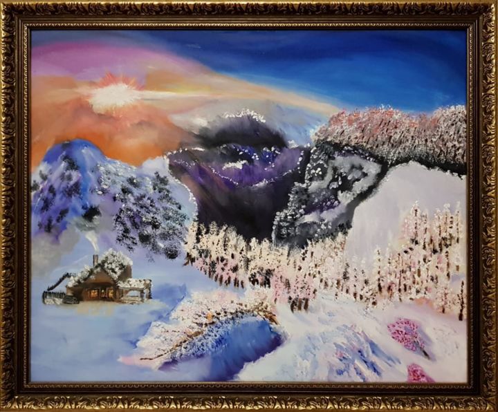 Картина под названием "Морозное утро в гор…" - Владимир Романов, Подлинное произведение искусства, Масло Установлен на Дерев…