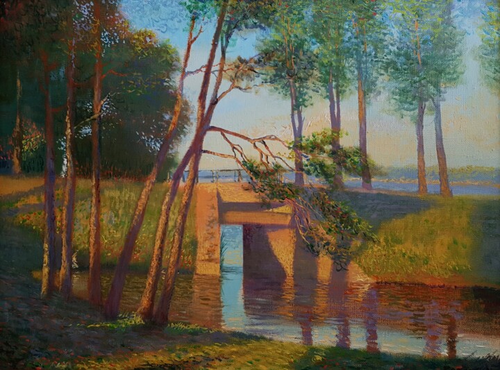 Malerei mit dem Titel "Evening walk with a…" von Romans Ivanovskis, Original-Kunstwerk, Öl